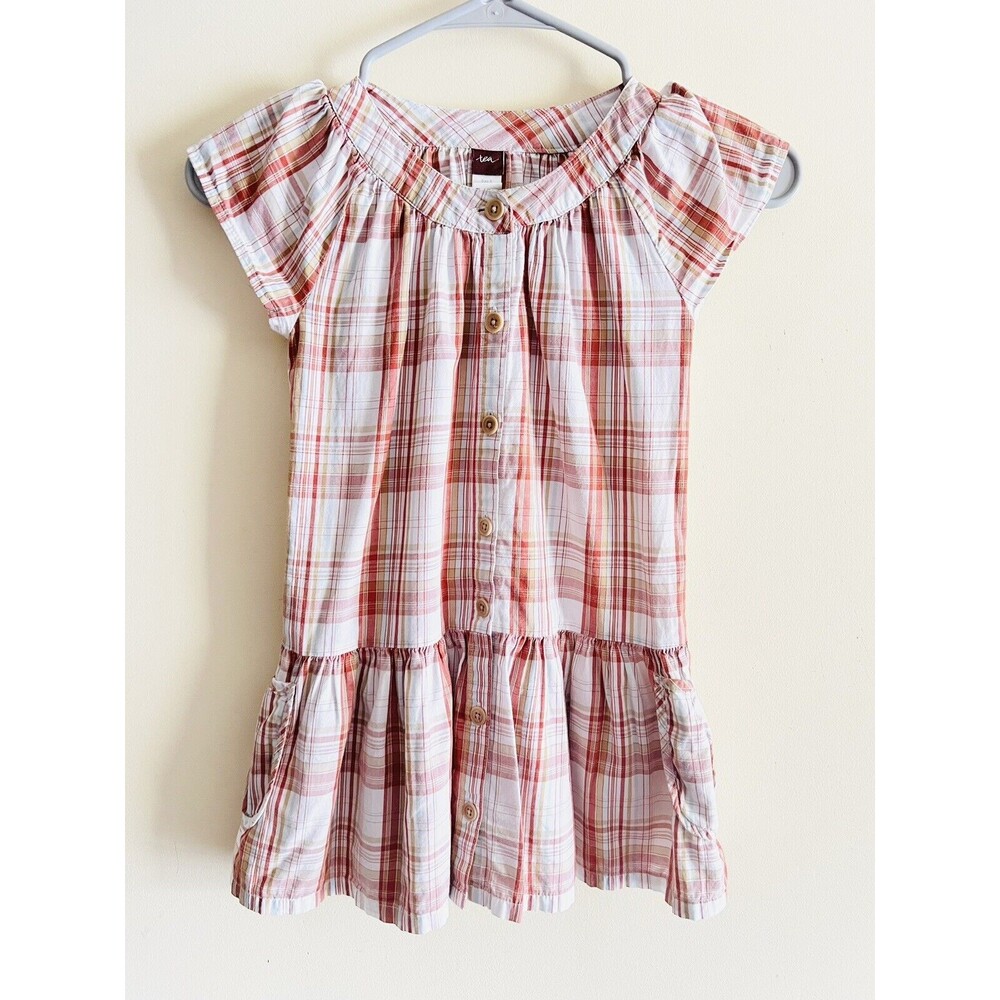 EUC Tea Collection Cotton Plaid Short Sleeve‎ With Pockets Girls Dress Size 5